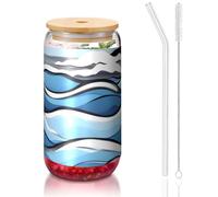 PEGQCVAM Waves Lapping At The Rocks Gobelet réutilisable avec couvercle en bambou et paille en verre Sans BPA 473 ml