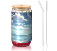 PEGQCVAM White Clouds Over The Sea Gobelet réutilisable avec couvercle en bambou et paille en verre pour boissons chaudes ou froides 473 ml Sans BPA