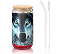 PEGQCVAM Wolf Under Moon Gobelet réutilisable avec couvercle en bambou et paille en verre pour boissons chaudes ou froides 473 ml