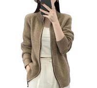 Pegsmio Gilet à manches longues pour femmes avec fermeture éclair en laine mérinos, pull d'hiver épais en cachemire, tricot décontracté, Marron et gris., XL