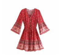 Pegsmio Robe de plage bohème à manches évasées et col en V pour femme, Rouge, L
