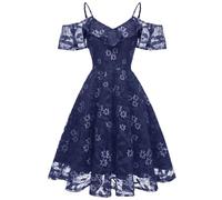 Pegsmio Robe d'été sexy en dentelle et manches en dentelle pour femme, bleu marine, M