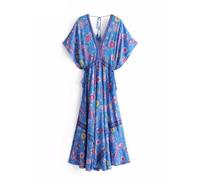 Pegsmio Robe d'été vintage à manches chauve-souris avec imprimé floral et col en V pour femme, bleu, L