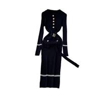 Pegsmio Robe longue élégante en tricot avec ceinture pour femme - Automne et hiver - Robe moulante, Noir , Taille unique
