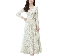 Pegsmio Robe mi-longue à manches longues en mousseline de soie florale pour femme - Style bohème - Style vintage et élégant, jaune, M
