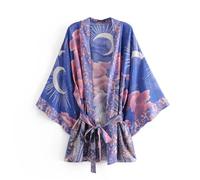 Pegsmio Vintage Floral Print Sashes Femmes Bohème Col V Manches Chauve-Souris Robe Courte Kimono, bleu, L
