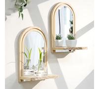 Peiaw Set di 2 Specchi da Parete Con Ripiano a Arco Cornice in Legno Specchio in Acrilico Ripiano Integrato per Cosmetici/Piante Decorazione Parete per Bagno/Camera/Ingresso Risparmio Spazio