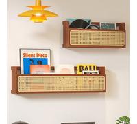 Peiaw Support mural pour magazines étagère mural en bois et rotin (60/90 cm) Rangement pour magazines,disques vinyl,livres & déco modern pour salon,bureau,chambre Étagère robuste(90cm)