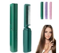 Peigne de coiffure dernier cri, peigne de retouche 2 en 1 portable sans fil, peigne en céramique, mini fer à boucler double usage rechargeable par USB pour des coiffures lisses et droites (Vert)