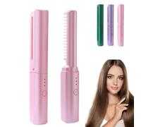 Peigne de coiffure dernier cri, peigne de retouche 2 en 1 portable sans fil, peigne en céramique, mini fer à boucler double usage rechargeable par USB pour des coiffures lisses et droites (Rose)