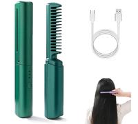 Peigne de coiffure dernier cri, peigne en céramique, mini fer à friser double usage, lisse et lissant, 3 réglages de température, peignes portables sans fil, chargement USB (green)