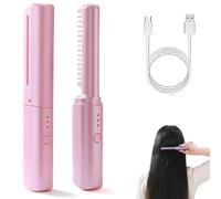 Peigne de coiffure dernier cri, peigne en céramique, mini fer à friser double usage, lisse et lissant, 3 réglages de température, peignes portables sans fil, chargement USB (pink)