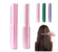 Peigne de coiffure en céramique - Peigne de coiffure portable sans fil 2 en 1 pour cheveux raides et bouclés, chauffage rapide sans frisottis à tout moment, n'importe où (rose)