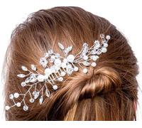 Peigne de mariage élégant en argent avec fleur en cristal et ornement en perles, 18 cm x 6 cm
