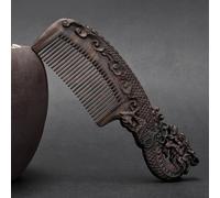 Peigne en bois d'ébène 17 cm avec manche en bois de santal noir naturel sculpté double face pour massage des dents fines