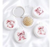 Peigne rond pliable avec miroir en forme de nœud rose 26 lettres, miroir de maquillage pliable 2-en-1, brosse de massage à coussin d'air pliable mini. Convient pour le mariage, les voyages, le camping