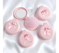 Peigne rond pliable avec miroir en forme de nœud rose 26 lettres, miroir de maquillage pliable 2-en-1, brosse de massage à coussin d'air pliable mini. Convient pour le mariage, les voyages, le camping