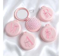 Peigne rond pliable avec miroir en forme de nœud rose 26 lettres, miroir de maquillage pliable 2-en-1, brosse de massage à coussin d'air pliable mini. Convient pour le mariage, les voyages, le camping