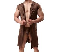 Peignoir à capuche longue pour homme - Tissu fin et léger - Grande taille - Chemise de nuit en soie - Avec taille - Sans manches - Confortable - Pyjama fin, café, XL