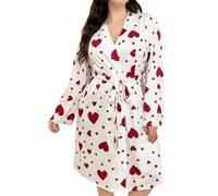 Peignoir à rayures avec motif cœur d'amour - Super doux - Joli peignoir imprimé - Confortable - Pour chambre à coucher - Cadeau de Saint-Valentin pour petite amie, épouse, Rouge, L