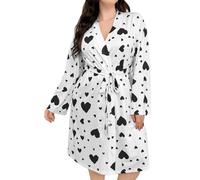 Peignoir à rayures avec motif cœur d'amour - Super doux - Joli peignoir imprimé - Confortable - Pour chambre à coucher - Cadeau de Saint-Valentin pour petite amie, épouse, Noir , XL