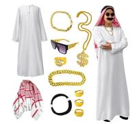 Peignoir blanc Sheik, robe de cheik arabe avec foulard | Accessoires de costumade à encolure ronde pour Halloween, fêtes à thème, carnaval