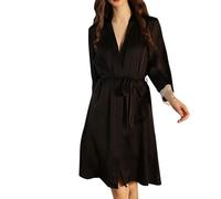 Peignoir Chaud Femme - Ensemble de Peignoir Noir pour Vêtements de Nuit Sexy en Satin de Soie Et Dentelle Pyjama Deux Pièces pour La Maison (Black M)