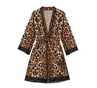 Peignoir court et fin en satin pour femme - Kimono court - Motif léopard - Manches longues - Avec ceinture - Robe courte d'été légère, Z-marron, XXXXL