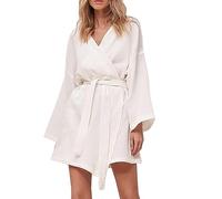 Peignoir court gaufré pour femme - En coton - Léger - Pour l'été - Manches longues - Grandes tailles - Peignoir de bain - Pour sauna - Doux - Avec ceinture - Vêtement de nuit, Blanc., M