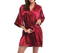 Peignoir Court Satin Femme, Robes Chambre Élégantes Soie à Demi-Manches, Robe Kimono Col V, Lingerie Bridesmaid Mariée, Chemise Nuit Bride avec Ceinture, Pyjamas Cadeau Saint Valentin (Bourgogne)