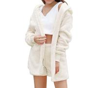 Peignoir de bain en éponge avec capuche pour femme - Robe d'hiver rose confortable - Robe de nuit d'hiver en polaire - Robe de nuit à manches longues - Pyjama avec poches - Costume décontracté, beige