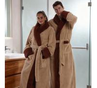 Peignoir de maison ultra-chaud en polaire d'agneau à poils longs, avec liseré contrasté marron, doux et moelleux en polaire brossée, coupe oversize ample, tenue d'intérieur unisexe pour couple, hommes
