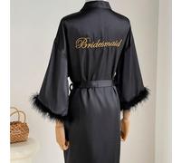 Peignoir de mariage noir, robe de demoiselle d'honneur, broderie dorée, vêtements de nuit avec plumes Taille UniqueLettres,UnicoloreTissu tissé