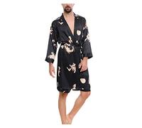 Peignoir d'été pour homme - En satin - Léger et fin - Court - Kimono japonais - Peignoir à manches longues - Pyjama - Chemise de nuit en satin - Cadeau pour homme, Noir , 5XL
