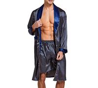 Peignoir en satin léger pour homme - Peignoir à manches longues en soie avec short - Vêtement de nuit, Bleu avec doré, XXL