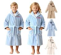 Peignoir Enfant Personnalisé avec Prénom Brodé, Peignoir de Bain Enfant pour Garçon Fille, Robe de Chambre Enfant, Peignoir Polaire Flannel Doux (FR/ES, Âge, Taille unique, Taille normale, Bleu)