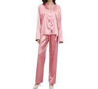 Peignoir Femme Ensemble Pyjama en Soie 2 Pièces Pyjama Satin Manches Longues Chemise Boutonnée Décontractée avec Pantalon, RD2, S