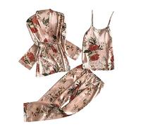 Peignoir Femme Satin Femme Homewear Chemise de Nuit Trois Pièces Costume Pyjama Dentelle Pantalon de Pyjama à Carreaux Peignoir Femme Ensemble Sexy Peignoir Imprimé Lot de 3, Rose, XXL