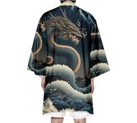 Peignoir Hommes Léger Kimono Peignoir Grande Taille Imprimé Dragon Japonais Vêtements de Nuit,Blue-3XL