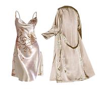 Peignoir léger en satin pour femme - Ensemble de vêtements de nuit - Kimono - Robe de chambre à bretelles spaghetti - Robe de nuit courte - Pour mariage - Nuisette - Ensemble pyjama en satin avec