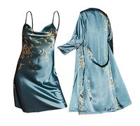 Peignoir léger en satin pour femme - Ensemble de vêtements de nuit - Kimono - Robe de chambre à bretelles spaghetti - Robe de nuit courte - Pour mariage - Nuisette - Ensemble pyjama en satin avec