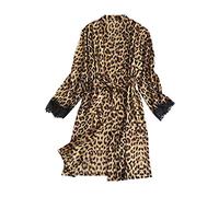Peignoir léopard pour femme - Léger - Long - Tenue d'intérieur - Manches longues - Vêtement de chambre - Vêtement de maison - Léopard - Pyjama avec imprimé - Pyjama pour femme - Dentelle - Vêtement de