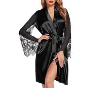 Peignoir Microfibre Femme - Chemise de Nuit Femme en Dentelle Élégante Manches Longues Lingerie Confortable Maison Soie Glacée Pyjama Délicat Nouvelle