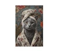 Peignoir mural motif chat bleu avec serviette enveloppée autour de la tête