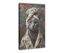 Peignoir mural motif chat bleu avec serviette enveloppée autour de la tête