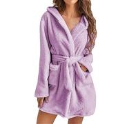 Peignoir Pilou Pilou Pyjama Court en Peluche pour Femmes, Couleur Unie, Manches Longues, Poches, Capuche, Genou, Robe de Maison, Peignoir Robe Été Grande Taille (Purple, M)