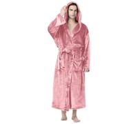 Peignoir pour homme - Longueur avec capuche - Moelleux - En peluche - En polaire - Avec ceinture - Coupe ample - Couleur unie - Vêtement de nuit chaud, O rose., S