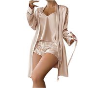 Peignoir Satin Femme Sexy 3 Pièces Sexy Femme Ensemble Lingerie avec Dentelle Soutien-Gorge et Culotte Ensemble Camisole + Short + Peignoirs Robe de Chambre Femme Nuisette Femme Vêtements de Nuit