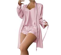 Peignoir Satin Femme Sexy 3 Pièces Sexy Femme Ensemble Lingerie avec Dentelle Soutien-Gorge et Culotte Ensemble Camisole + Short + Peignoirs Robe de Chambre Femme Nuisette Femme Vêtements de Nuit