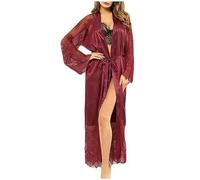 Peignoir Satin Femme Sexy Chemise de Longue Soirée Pyjama Cadeau Peignoirs de Nuit en Dentelle avec Ceinture Pyjama à Manches Longues en Dentelle Vêtements de Nuit Nuisette Femme Robe de Chambre